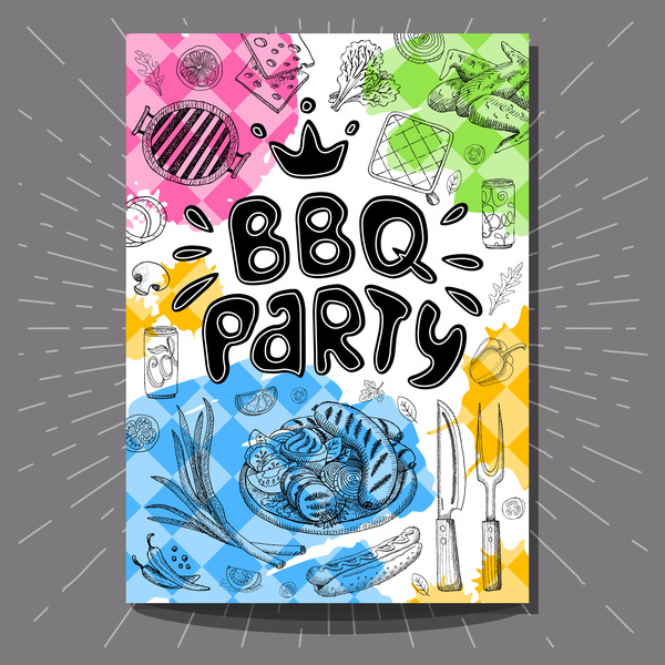 BBO Party flyer hand drawn template vectors 08