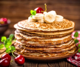 Banana cherry homemade pancakes Stock Photo