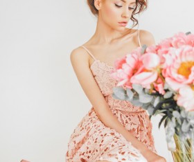 Beautiful young woman with bouquet of peony Stock Photo 06