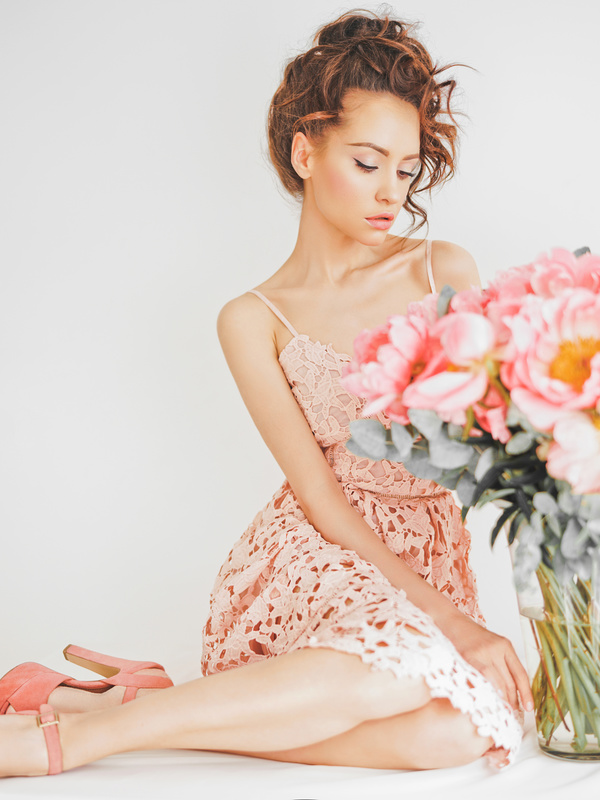 Beautiful young woman with bouquet of peony Stock Photo 06