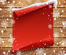 Blank red paper with snow and wooden background vector