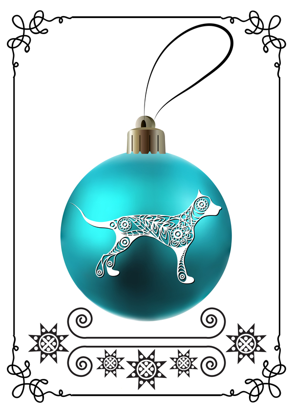 Blue christmas ball with new year dog frame vector 01