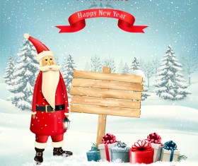 Chistmas background with winter tree and wooden sign vector