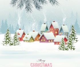 Christmas background with winter landscare and village vector