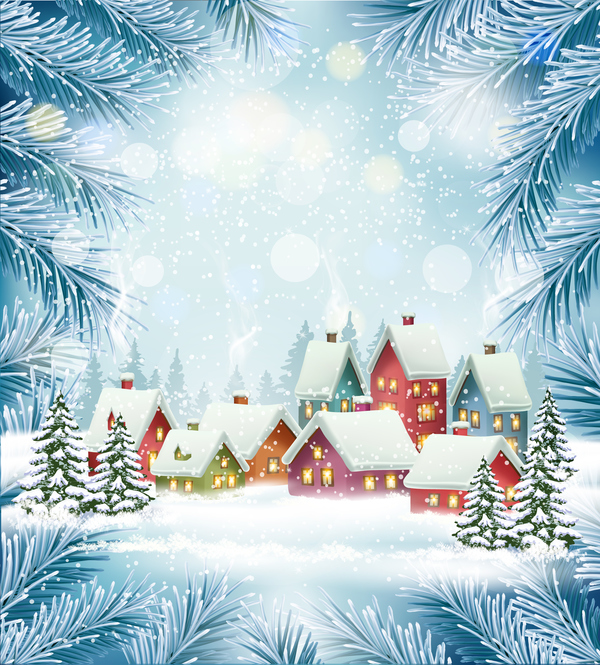 Christmas background with winter village vector material