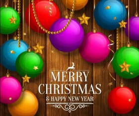 Christmas balls with wooden background design vector