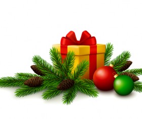 Christmas gift with fir tree branches and christmas balls on white background vector