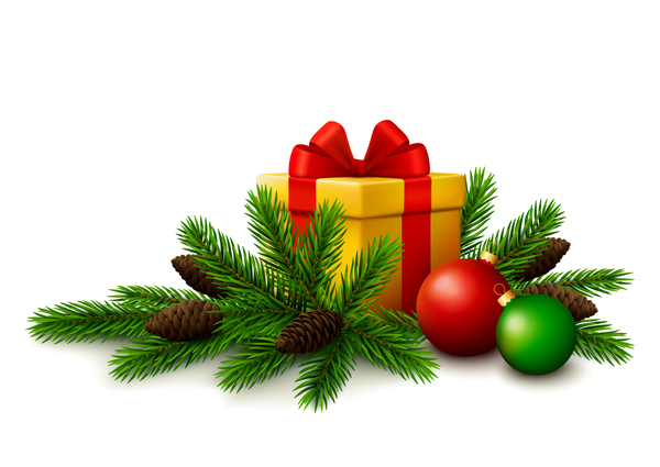 Christmas gift with fir tree branches and christmas balls on white background vector