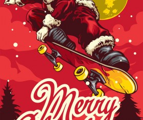 Christmas greeting card with santa claus ride skateboard vector 01