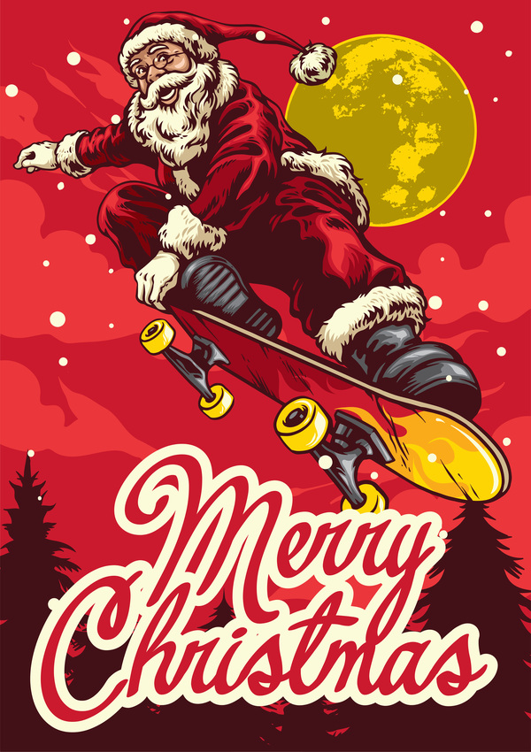 Christmas greeting card with santa claus ride skateboard vector 01