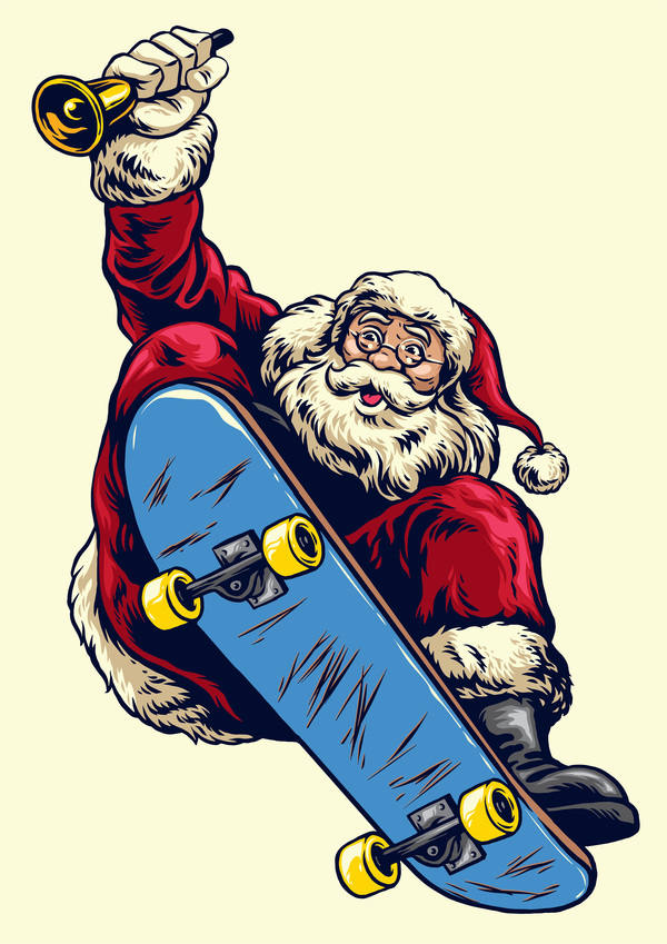 Christmas greeting card with santa claus ride skateboard vector 02