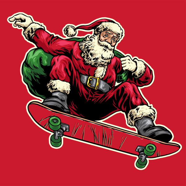 Christmas greeting card with santa claus ride skateboard vector 03