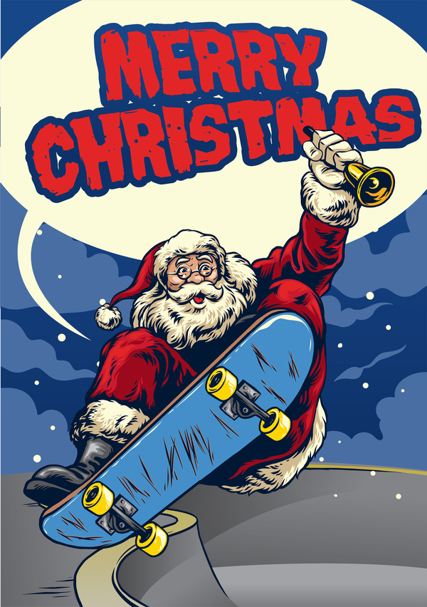 Christmas greeting card with santa claus ride skateboard vector 04