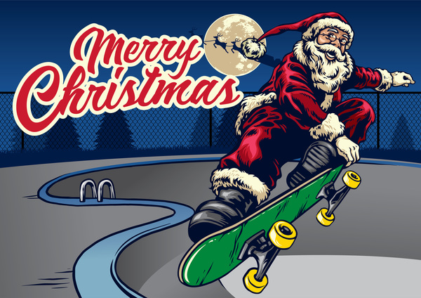 Christmas greeting card with santa claus ride skateboard vector 05