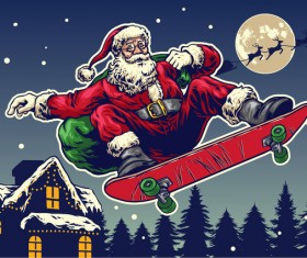 Christmas greeting card with santa claus ride skateboard vector 07
