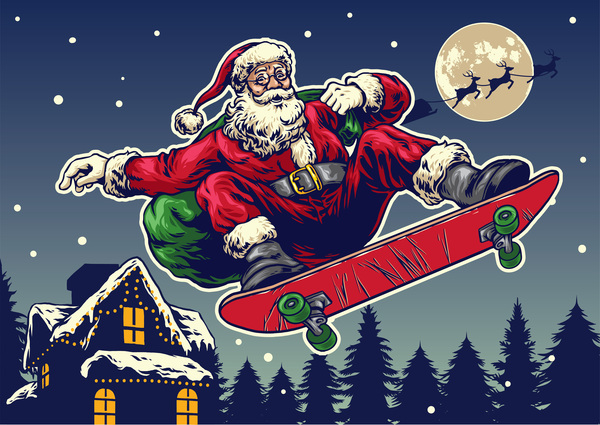 Christmas greeting card with santa claus ride skateboard vector 07