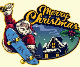 Christmas greeting card with santa claus ride skateboard vector 08