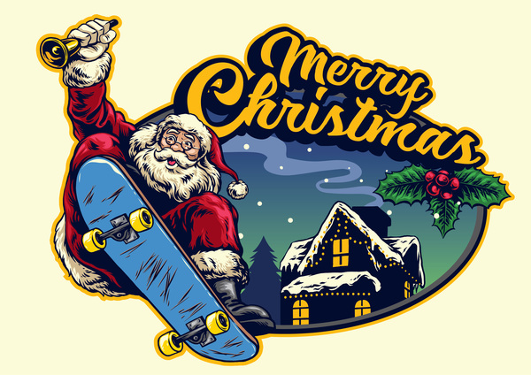 Christmas greeting card with santa claus ride skateboard vector 08