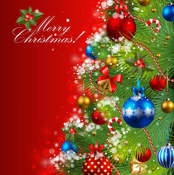 Christmas red background with baubels vector material free download
