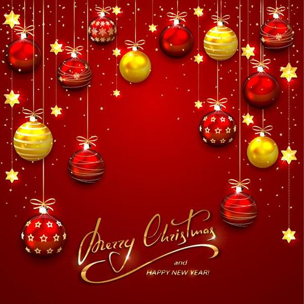 Christmas red background with golden red baubles vector