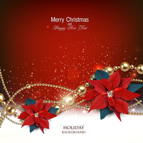 Christmas red background with shiny jewelry vector 02