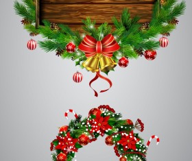 Christmas wreaths with wooden labels vector material 01