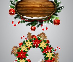 Christmas wreaths with wooden labels vector material 02