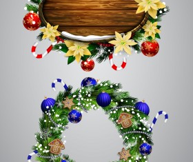 Christmas wreaths with wooden labels vector material 03