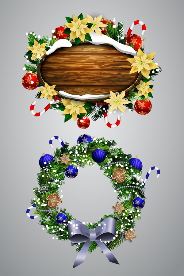 Christmas wreaths with wooden labels vector material 03