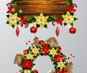 Christmas wreaths with wooden labels vector material 04