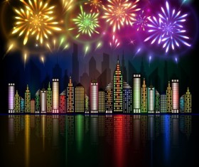 City night with beautiful firework vector background 01