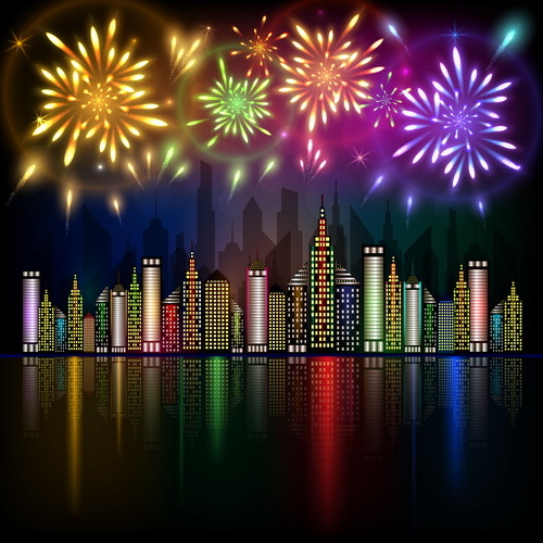 City night with beautiful firework vector background 01