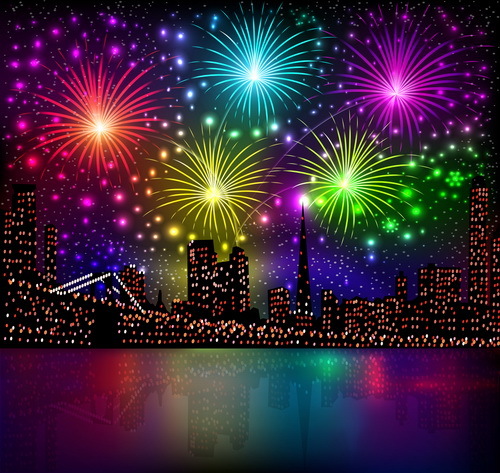 City night with beautiful firework vector background 02