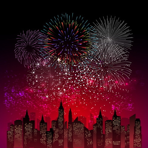 City night with beautiful firework vector background 03