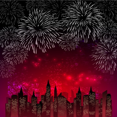 City night with beautiful firework vector background 04
