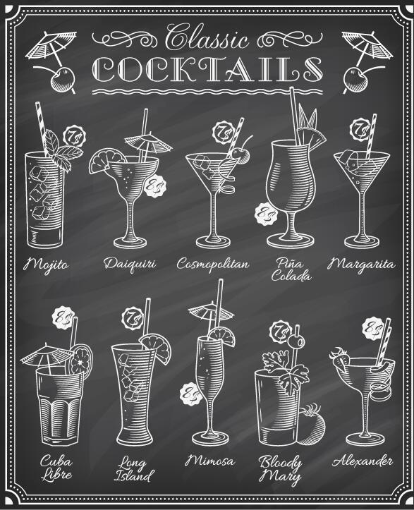 Cocktails blackboard menu hand drawn vector