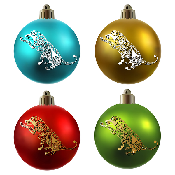 Colored christmas balls with floral dog vector 01