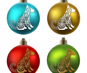 Colored christmas balls with floral dog vector 02