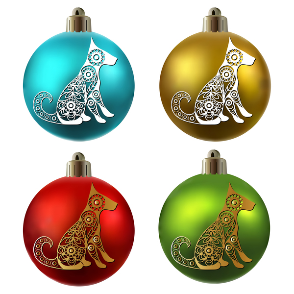 Colored christmas balls with floral dog vector 02