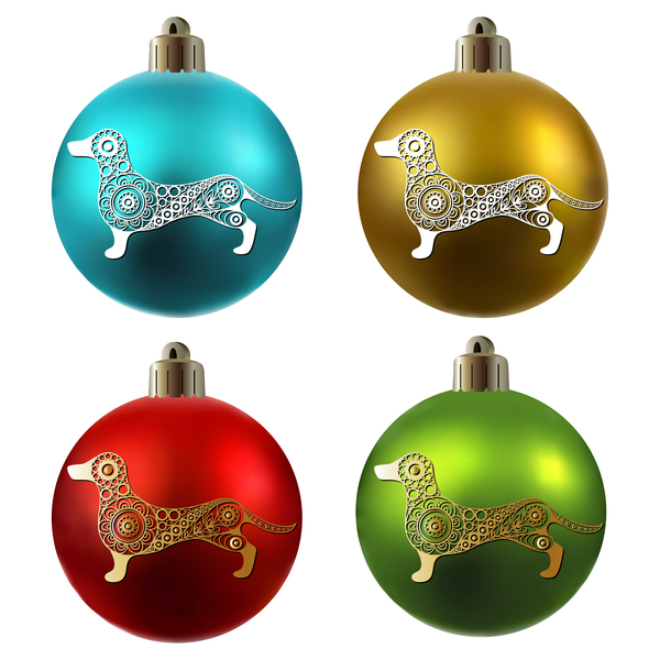 Colored christmas balls with floral dog vector 03