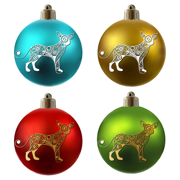 Colored christmas balls with floral dog vector 04