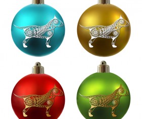 Colored christmas balls with floral dog vector 06