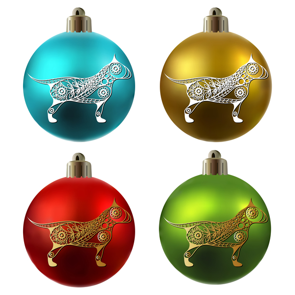Colored christmas balls with floral dog vector 06
