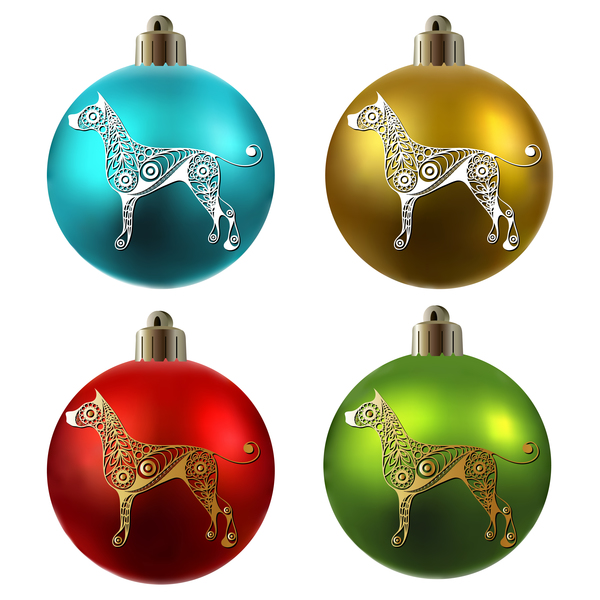 Colored christmas balls with floral dog vector 10