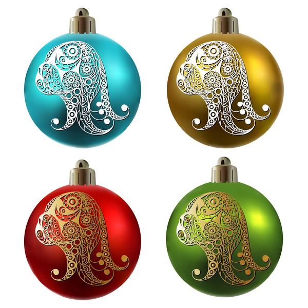 Colored christmas balls with floral dog vector 11