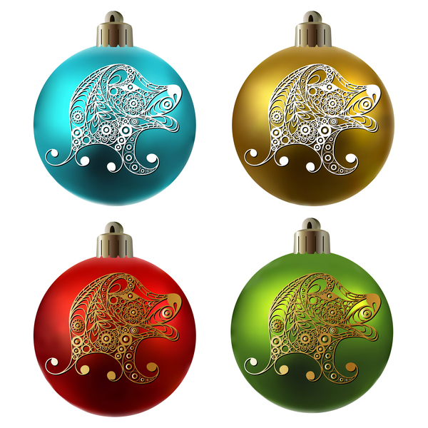 Colored christmas balls with floral dog vector 12