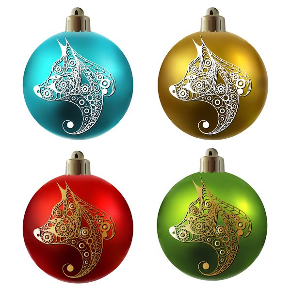 Colored christmas balls with floral dog vector 13