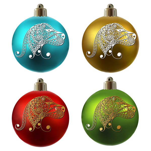 Colored christmas balls with floral dog vector 14