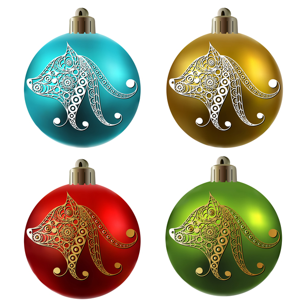 Colored christmas balls with floral dog vector 15