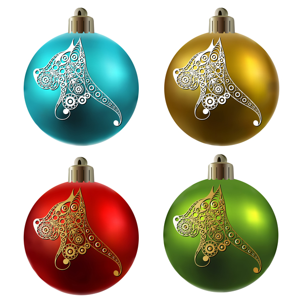 Colored christmas balls with floral dog vector 17